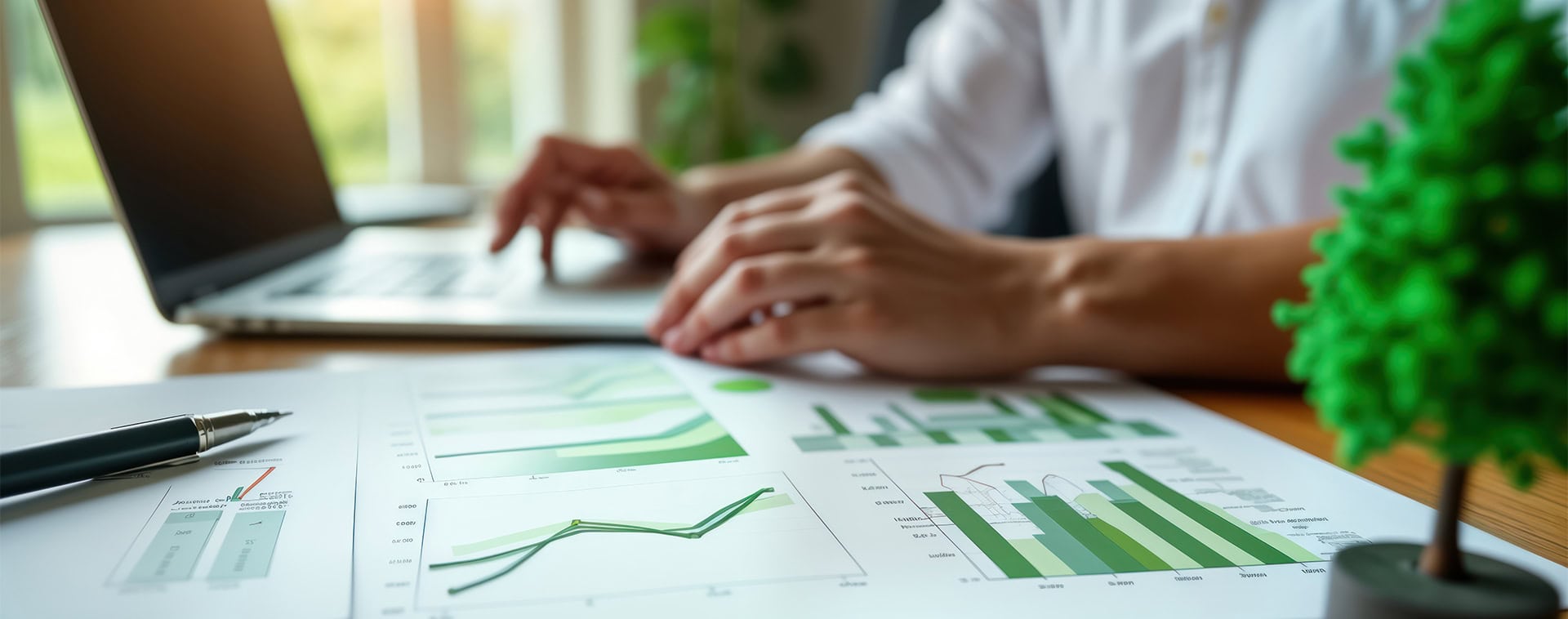 Person arbeitet am Laptop mit Diagrammen.