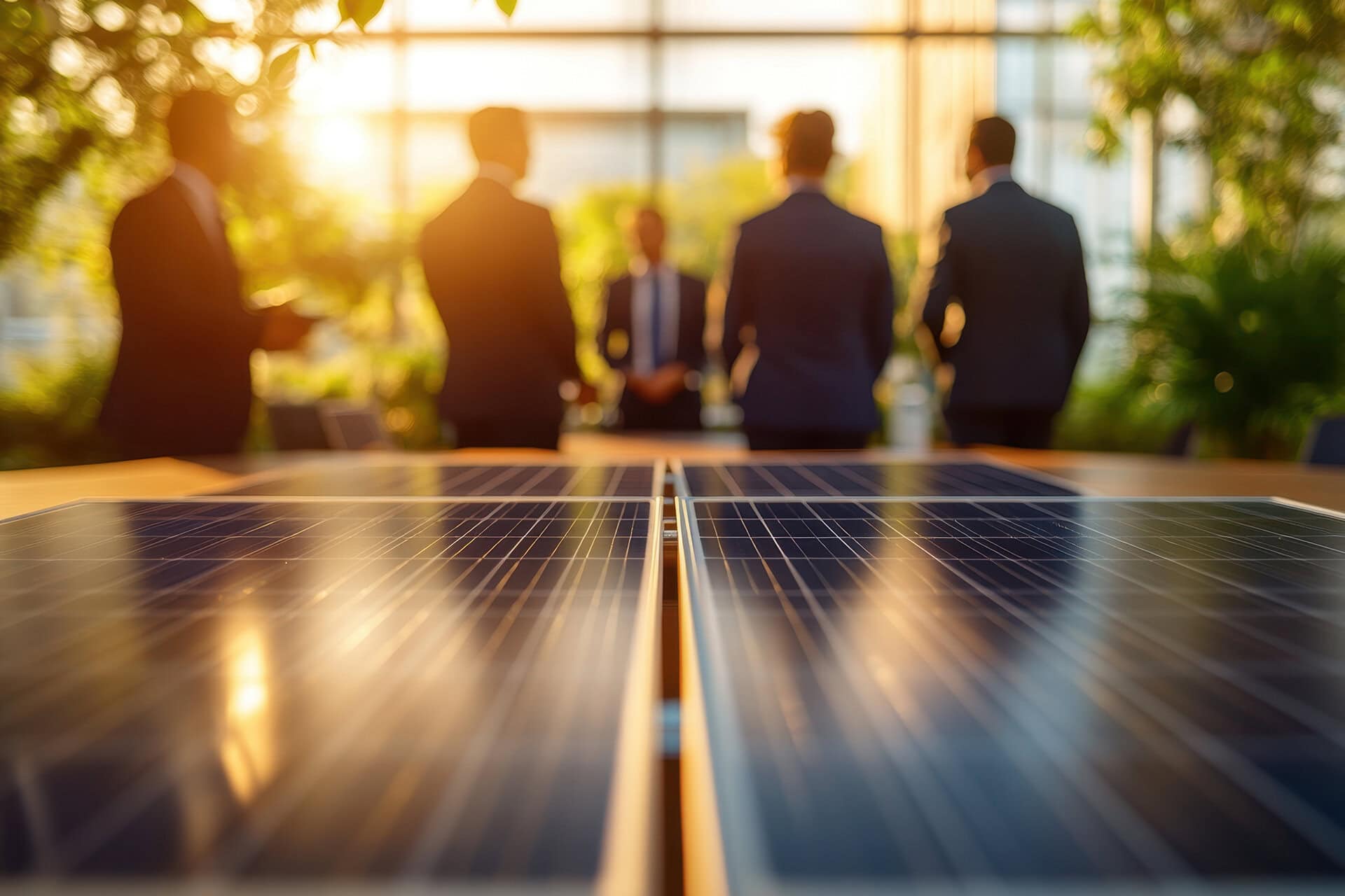 Solarpanele und Geschäftsleute im Hintergrund