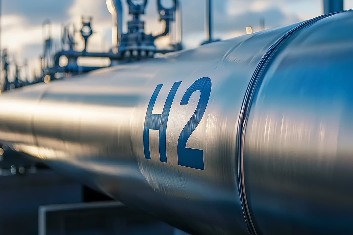 Nahaufnahme einer Wasserstoffpipeline mit H2-Aufschrift.